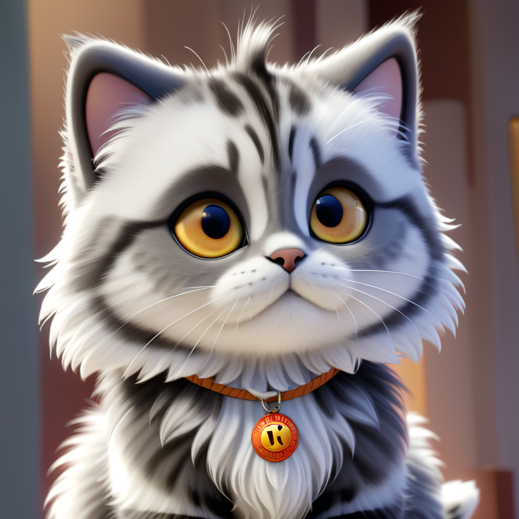 Disney Pixar inspired movie poster with the title. gray tabby Siberian kitten with amber eyes and black nose. large inscription "Yuki"