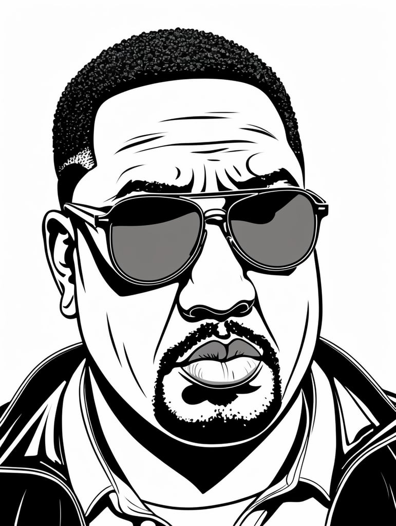 angry fat black gangster wearing sunglasses, in the style of basic simple line art vector comic art on white background