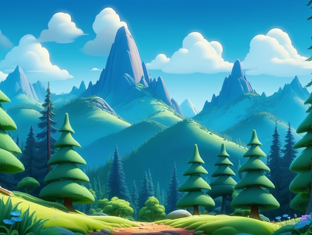 Peaceful mountain forest scene with only 6 colors shades of blue