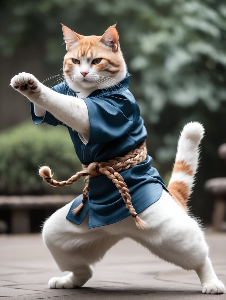 a cat doing Taijiquan. he has long braided ponytail, he looks like Feng Wei from tekken