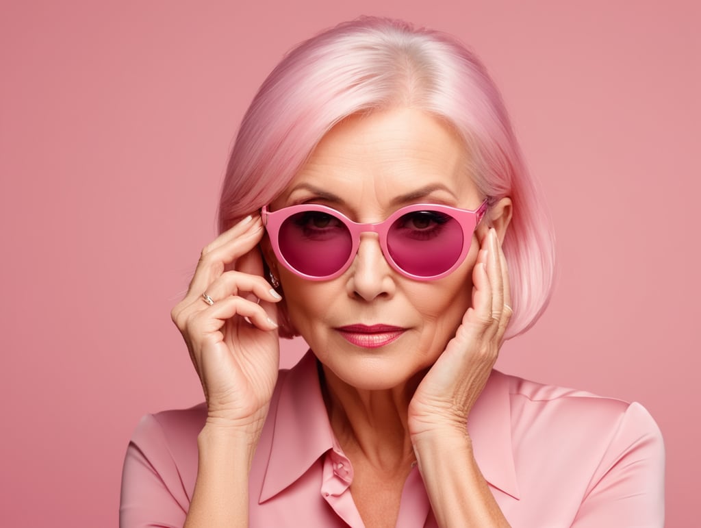 Blonde middle aged woman ponders on something keeps hand near face, pink hair, pink blouse, pink sunglasses, minimalistic style, fashion, mature women, pretty old women, isolated, pink background