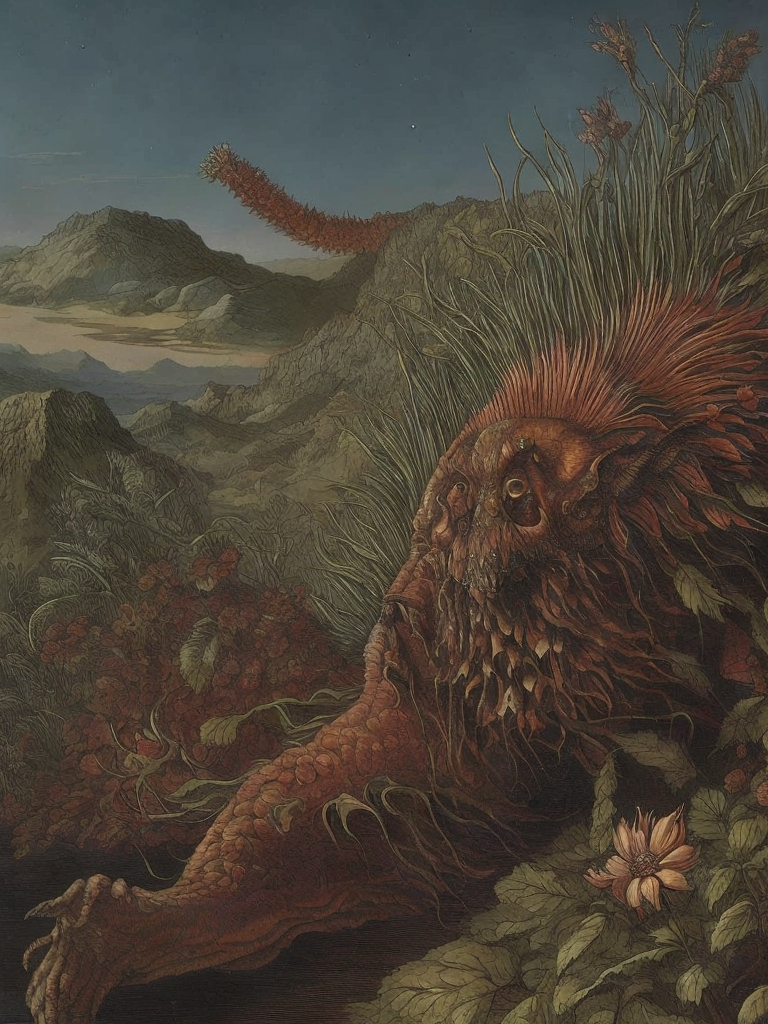 human nearly completely rotten crawling up a mountain to reach the last flower on earth by ernst haeckel