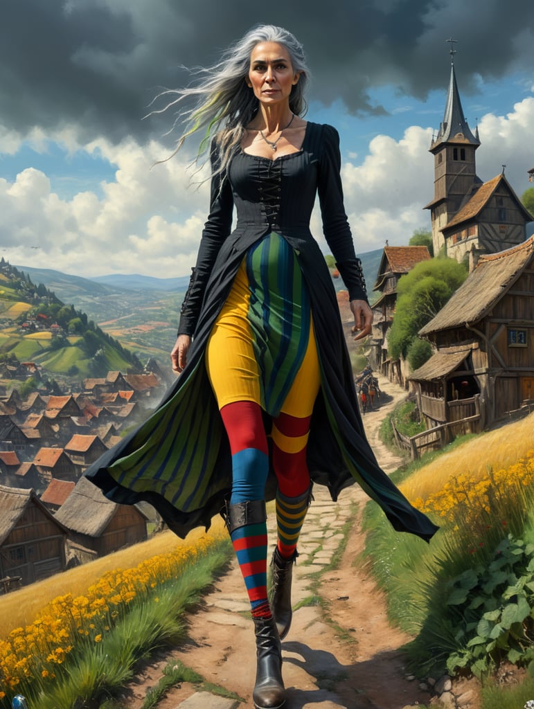 A very tall witch, old and ugly, skinny with long lank grey hair, a long nose wearing a long grubby black dress scruffy and torn, down to her calves and buttoned up to her throat. She wears striped leggings, blue and green stripes on one leg, red and yellow on the other leg, glimpsed under her dress and black boots. Striding up a hill with a medieval village viewed in the valley below. Flocks of crows circling in the sky.