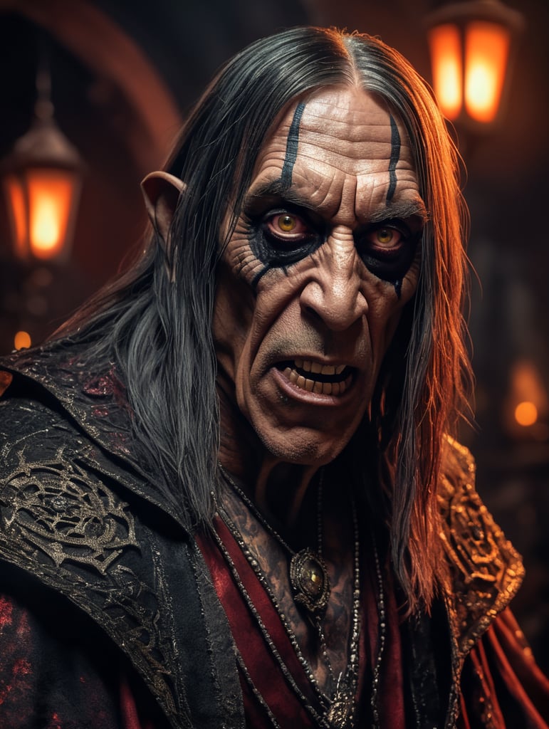 Iggy Pop as a creepy evil character wearing spooky Halloween costume, Vivid saturated colors, Contrast color