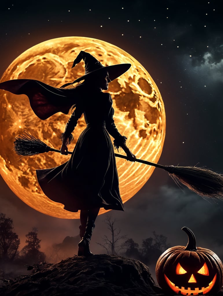 cene of pumpkins for Halloween, dramatic lighting at night, around the pumpkin, but in the night sky the silhouette of a witch flying on a broomstick, a bloody moon with the correct structure and stars. Depth of field.