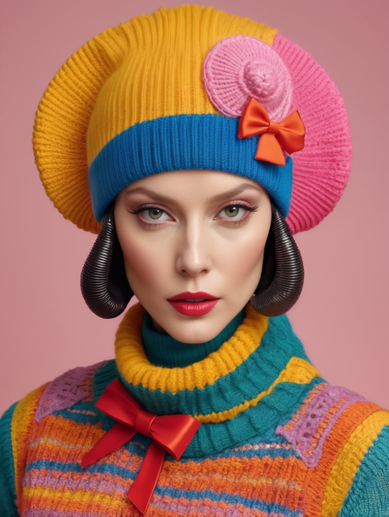 vogue photoshoot of an accurate Xenomorph from the movie Alien 1979 wearing a colorful beanie in Wes Anderson style, dress with bows