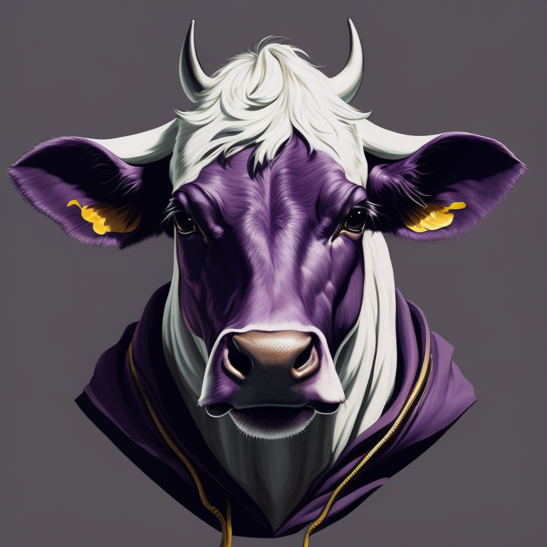 Hip Hop white cow,portrait, in violet hoodie, style of John James Audubon, Vector