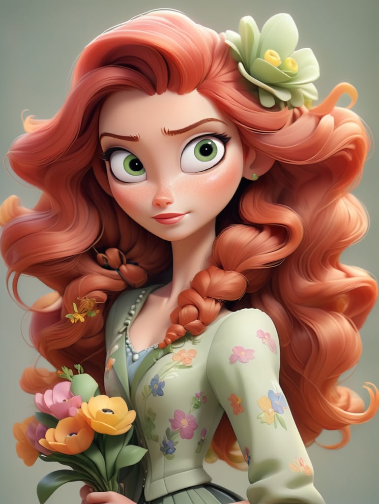 portrait of young caucasion slim woman with a bouquet of big and small flowers in hair, long wavy red hair, green eyes, wind through hair, pastel colours, silk clothing, no eyes, blurred creme background, looking straight ahead