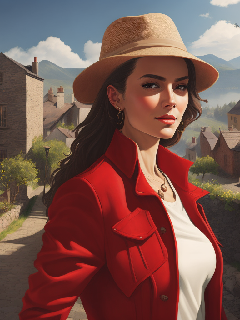 Portrait of a woman dressed in a red jacket and a beige hat, against the backdrop of the village, Sunny day, contrasting light, Painting, Landscape, style of Paul Corfield