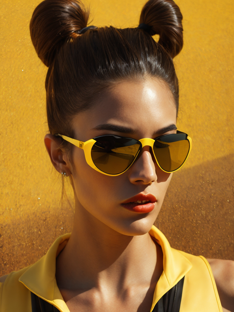 Portrait of a fashion model dressed in a black swimsuit and a yellow transparent sun glasses, Sunny weather, Contrasting light, Hair in a bun