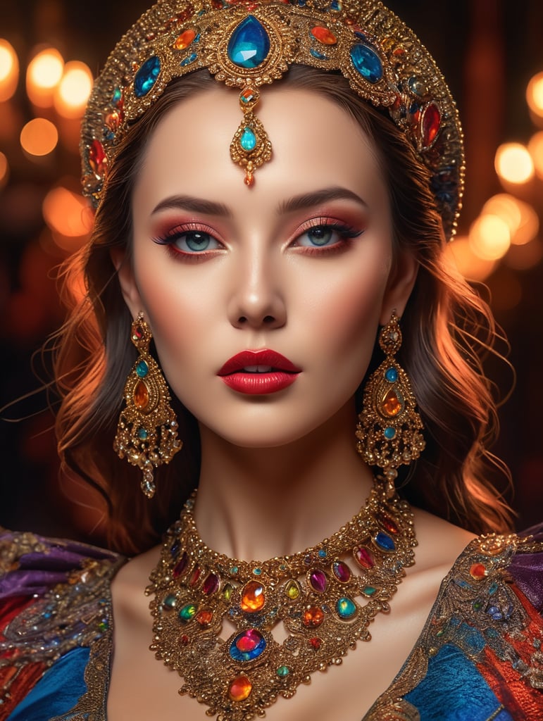 bright and saturated colors, elegant, highly detailed, vogue, fashion magazine, sharp focus, bright expressive makeup, dramatic lighting, depth of field, incredibly high detailed, blurred background