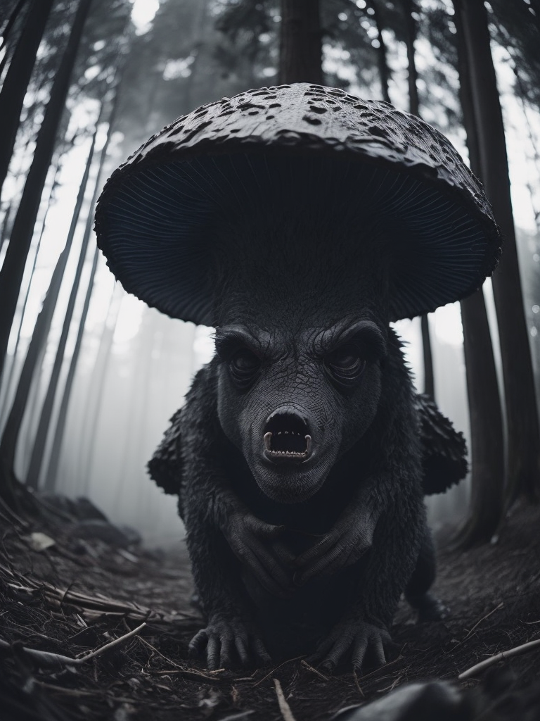 mushroom monster, black and white illustration, horror style, forest on the background, no blur, sharp focus, cinematic lighting, epic scene