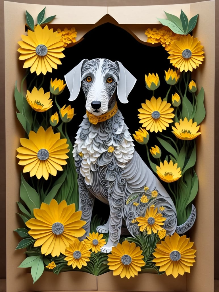 Grey Bedlington Terrier dog surrounded by yellow flowers and countryside