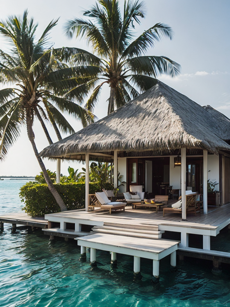 Over water villa in the maledives with the sun shining and some palms
