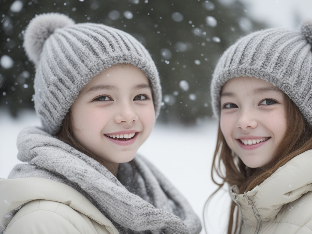 long shot, portrait of a cute 2girls, smiles, snow flakes, snow, winter