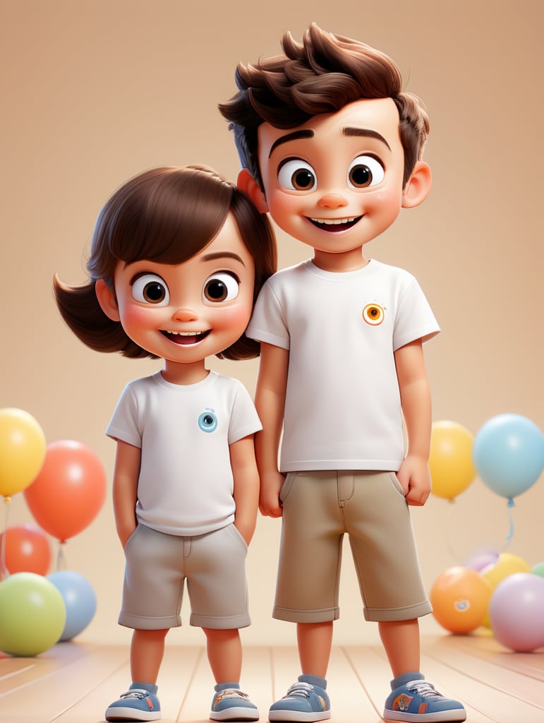 a Little boy and girl wearing white t-shirts, standing in front of ping background, blank shirts no print, 3 years old smiling toddlers, photo for apparel mock-up