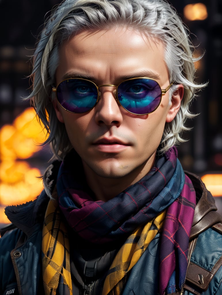 Portrait of halo, sunglasses, blue eyes, tartan scarf, white hair by atey ghailan, by greg rutkowski, by greg tocchini, by james gilleard, by joe fenton, by kaethe butcher, gradient yellow, black, brown and magenta color scheme, grunge aesthetic!!! graffiti tag wall background