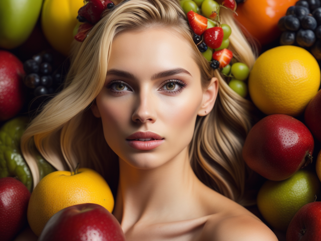 Pretty blonde girl with fruits in the hair,fashion magazine,sharp focus,highly detailed,bright and saturated colors,elegant