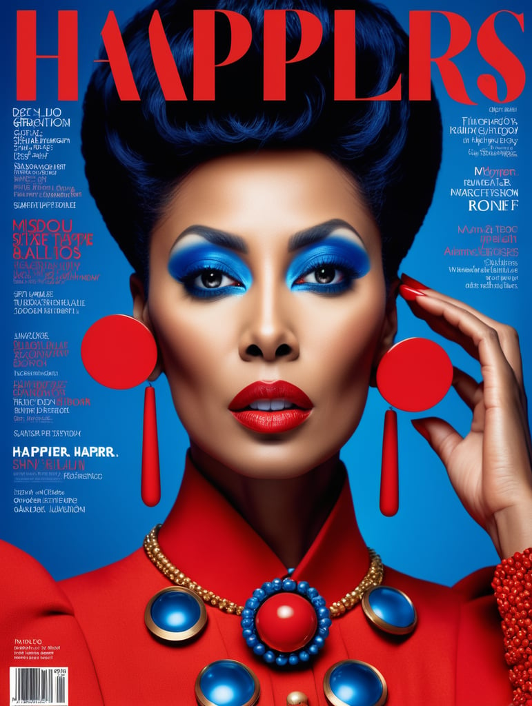 Donyale luna, avant-garde, simplygo, photoshoot spread, dressed in all red, blue background, harpers bizarre, cover, headshot, hyper realistic