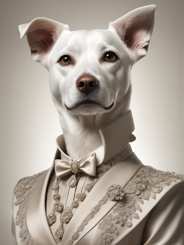 Generate an image of a female anthropomorphic dog exuding charm and allure, dressed elegantly in women's clothing that embodies the essence of the female. Ensure the portrayal captures elements of sophistication, and magnetism, evoking a strong emotional connection with the audience.