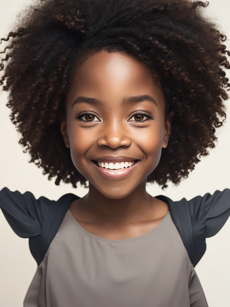 Smiling black woman, afro, award winning children's book illustration style, 2d illustration, white background, front view, vector