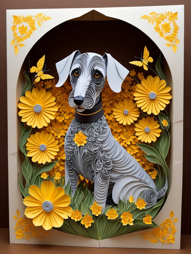 Grey Bedlington Terrier dog surrounded by yellow flowers and countryside