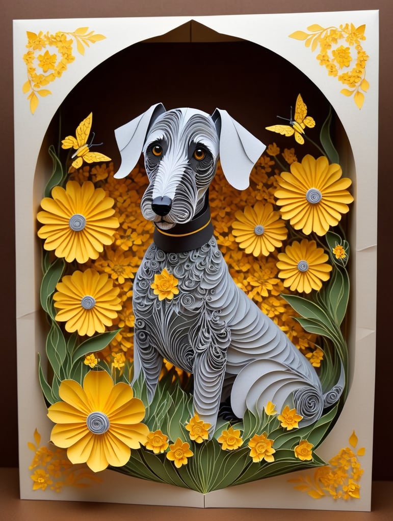 Grey Bedlington Terrier dog surrounded by yellow flowers and countryside