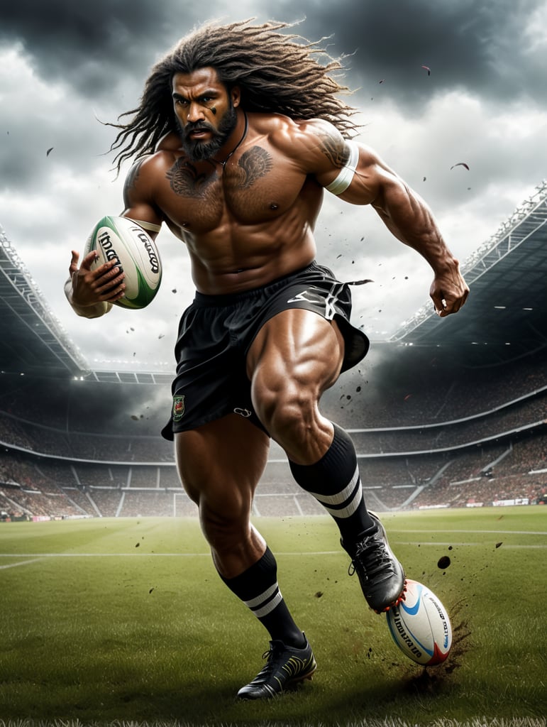 A Fijian warrior with long hair, wearing black shorts, white Nike Jersey, rugby boots with long white and black stripe socks,running with a rugby ball in his hand, scoring a try🏉