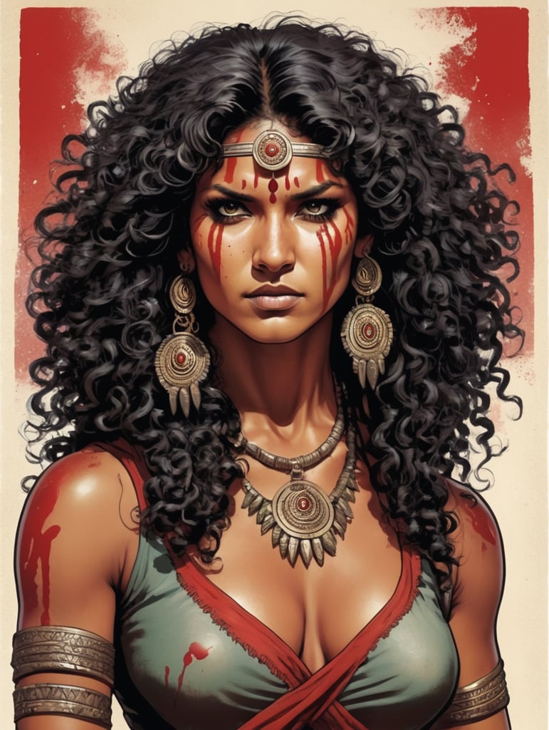 Comic book 70s curly hair Indian tribe female blood dangerous rage