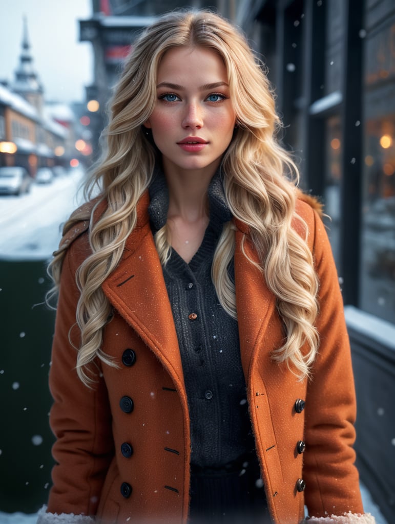 professional photography norwegian girl winter clothing long wavy blonde hair sultry flirty look freckles symmetrical face natural makeup warm winter fashion snowy city street
