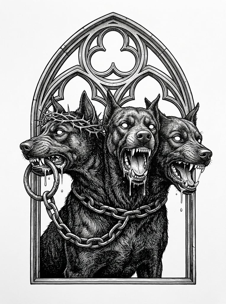 A detailed black and white ink illustration features a three-headed hound framed by a Gothic stone window arch. Dense stippling and meticulous hatching render the creature's intensely textured fur. A massive, thick chain collar encircles its unified neck. The leftmost head turns backward, wearing a woven crown of thorns and clenching a large circular ring in its jaws, dripping thick saliva. The center and right heads face outward with open, drooling jaws exposing sharp teeth. All three sets of eyes are solid, pupil-less white. Precise architectural linework forms a quatrefoil tracery design at the arch's apex against a stark white background. The piece utilizes high-contrast classical engraving techniques, evoking a macabre dark fantasy aesthetic.