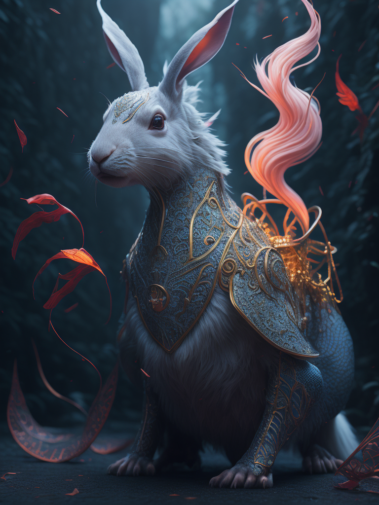 Subsurface scattering, white, koi, rabbit deity with dragon armor, art nouveau swirls, vibrant colors, octane render, by jesper ejsing, james jean, justin gerard, tomasz alen kopera, cgsociety and fenghua zhong, highly detailed, rim light, art, cinematic lighting, very coherent, hyper realism, high detail, 8 k