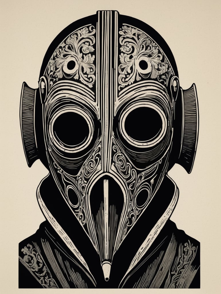 Woodcut, Plague mask, black and white, bold lines