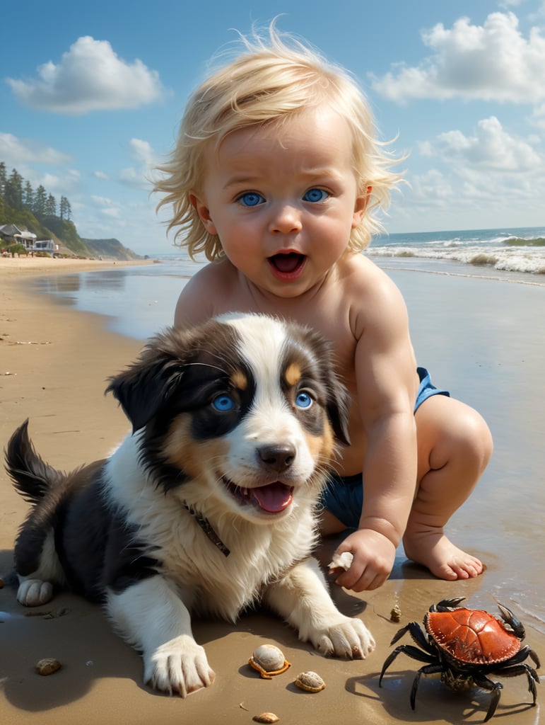 bebé rubio, pelo largo, ojos azules, jugando con un perro border collie, hiperrealista, foto, fondo playa, con un cangrejo cerca