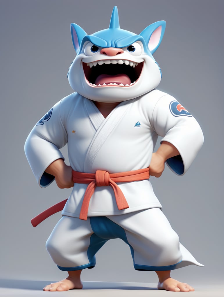 humanoid cartoon shark in judo kimono stay in action pose and angry face