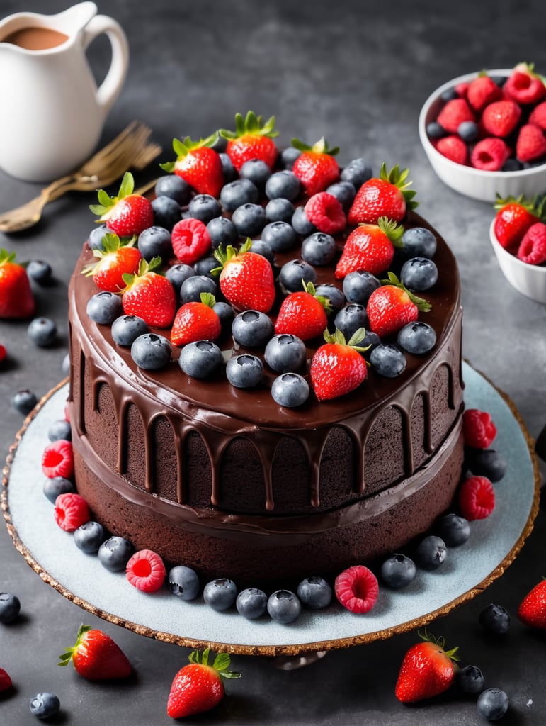 Fudge cake with chocolate icing topped with berries 3 layer chocolate fudge cake with strawberries blue berries and raspberries