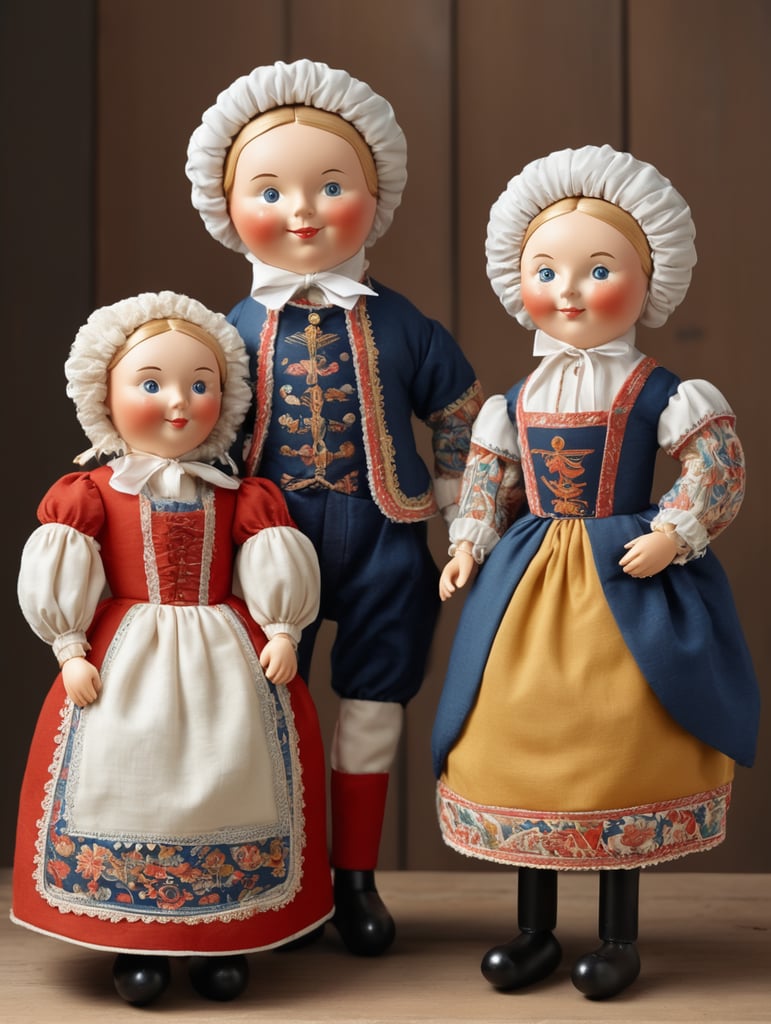 A pair of anthropomorphic dolls in the style of Dutch tradition, soft sculpture, historical subjects, Danish design, folklore theme, colorful caricature