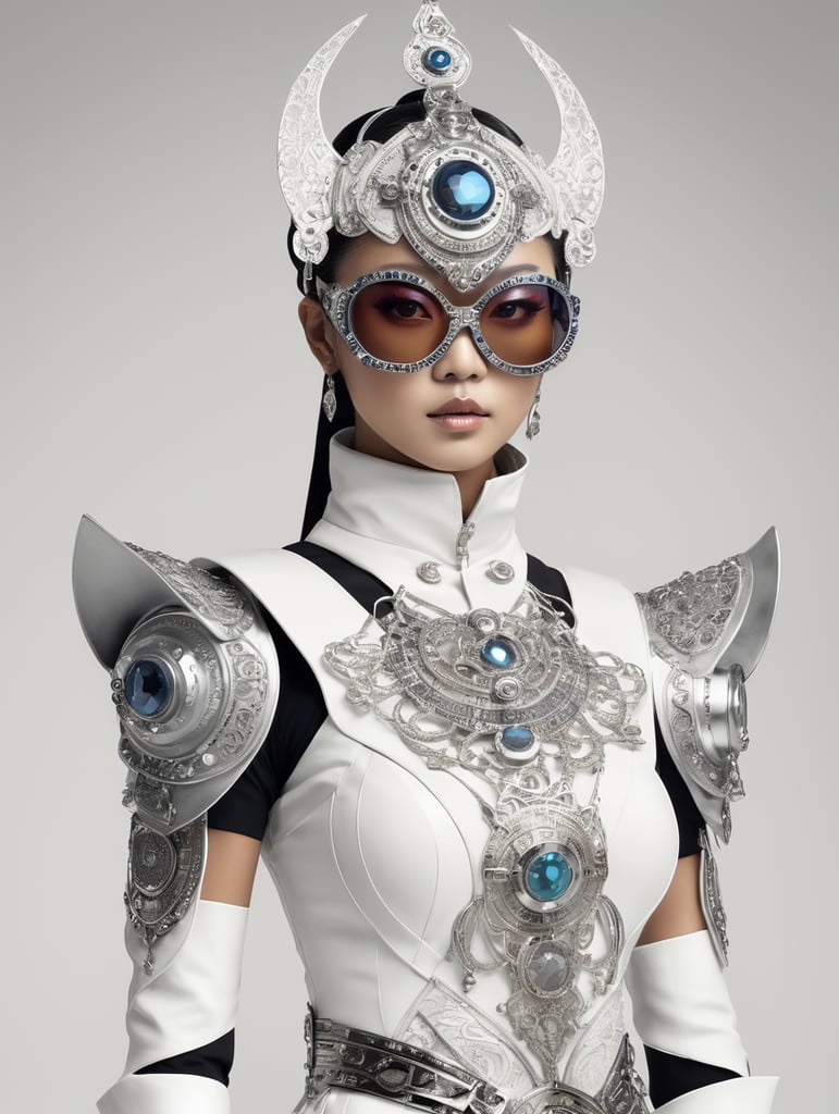 Jeweled mask, solarpunk travaler, futuristic mongolian nomad, traditional japanese outfit, gothic, avant garde glasses, technical outfit, construction worker, full body, woman posing, epic portraiture, culturally diverse elements, full body, award winning photography, tinted light, modern african high fashion, futuristic experimental fashion photograghy, gothic avant garde, religious iconography, thick jewelry, abstract painted dress, matt black mask Jeweled mask, solarpunk travaler, futuristic mongolian nomad, traditional japanese outfit, gothic, avant garde glasses, technical outfit, construction worker, full body, woman posing, epic portraiture, culturally diverse elements, full body, award winning photography, tinted light, modern african high fashion, futuristic experimental fashion photograghy, gothic avant garde, religious iconography, thick jewelry, abstract painted dress, matt black mask