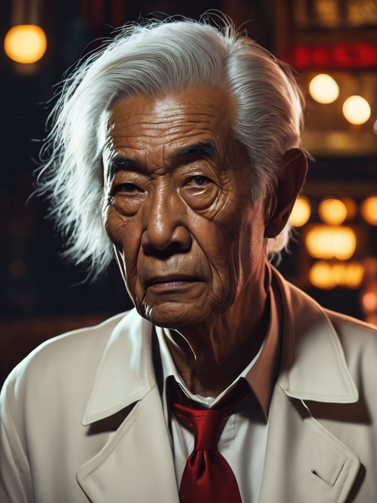 cinematic shot, scene from a movie, portrait of an Asian man 80 years old sitting in a night bar, Asian mafia, father of mafia, angry face, white jacket, red tie, white hair, red Chinese lights on a background, focus on a face, red lighting, low light, dark atmosphere