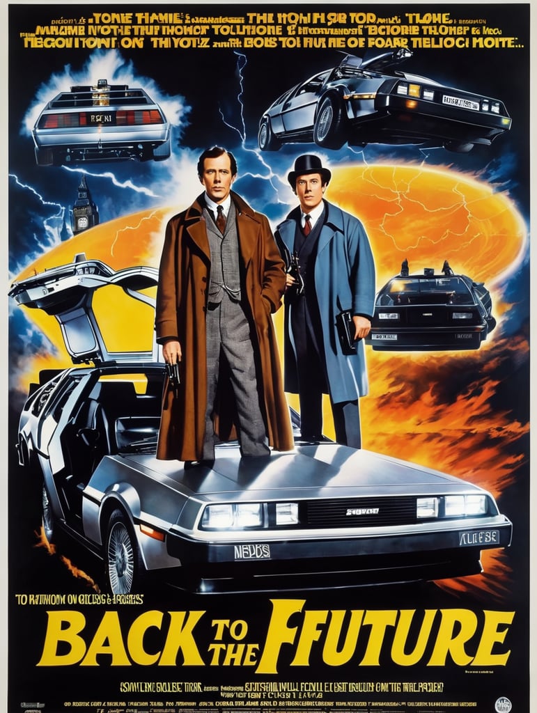 Sherlock Holmes, "back to the future" text on poster