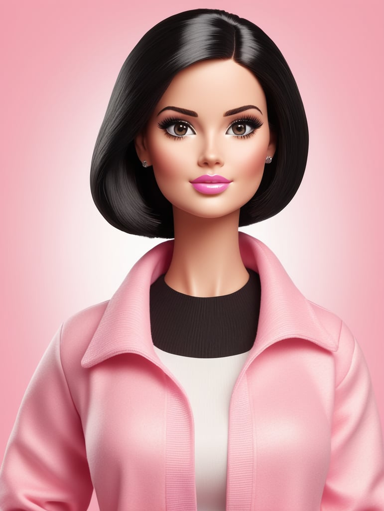 Simple vector illustration of an adult barbie, oval face with thick body, white skin color, black straight hair wearing pink clothes