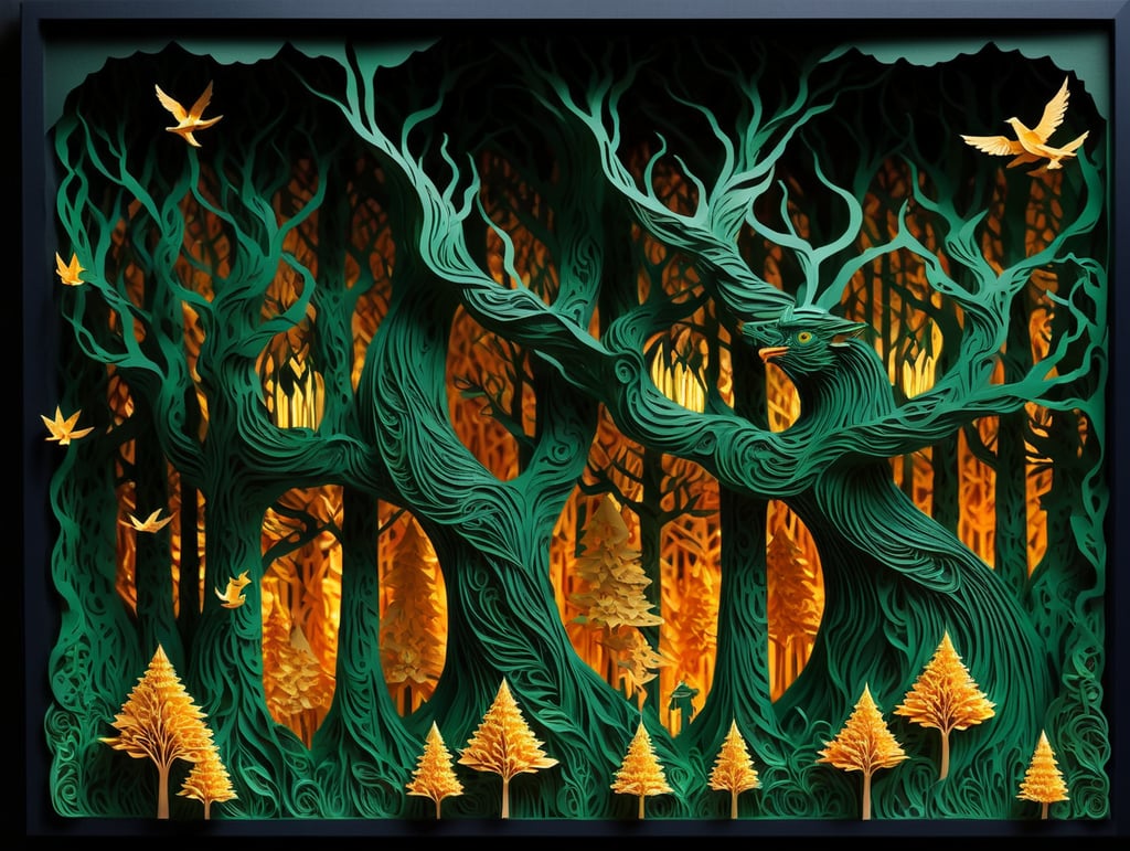 Trees in a dense forest dark green colors