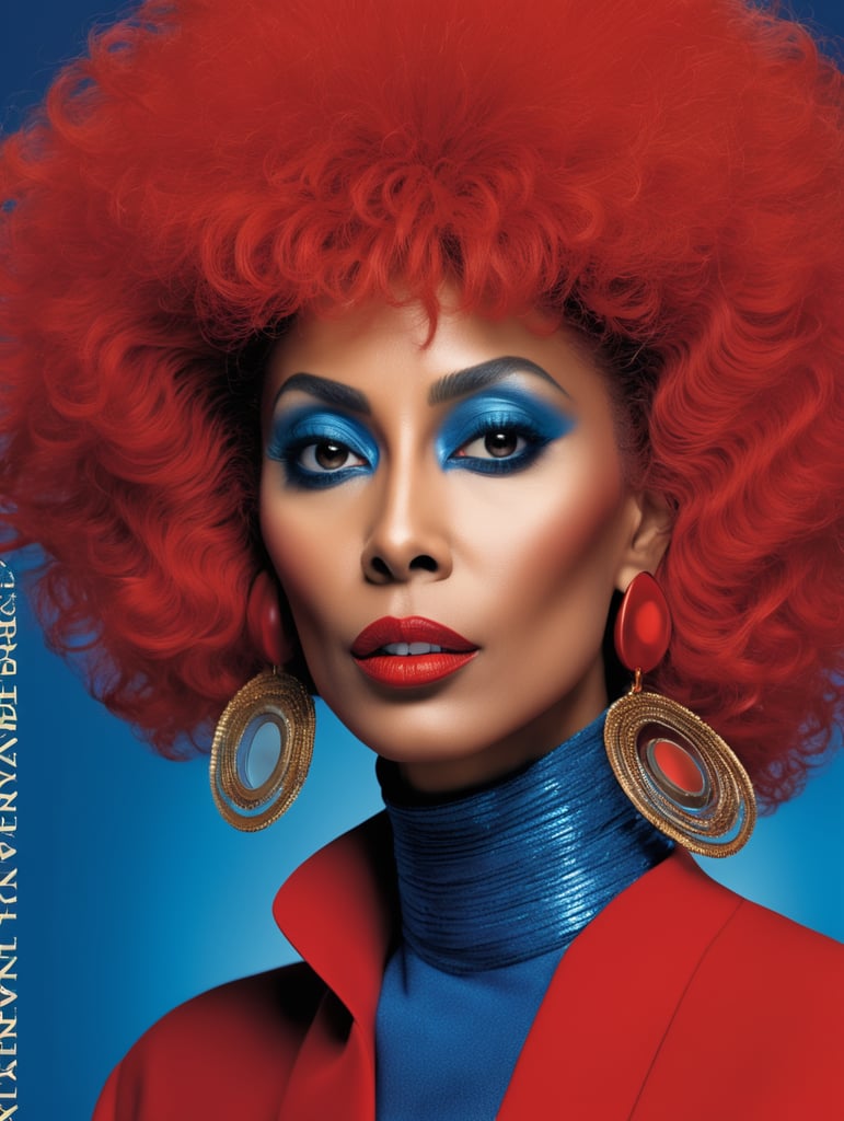 Donyale luna, avant-garde, simplygo, photoshoot spread, dressed in all red, blue background, harpers bizarre, cover, headshot, hyper realistic