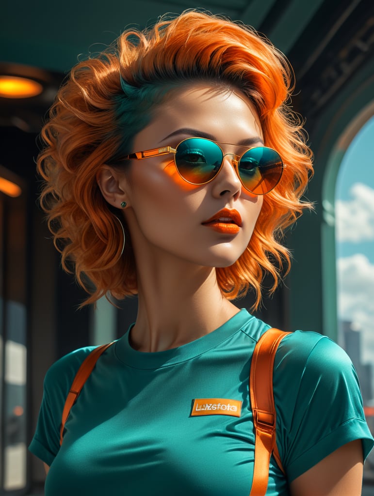 wearing oversized t-shirt, and On Sneakers, vintage glamour ultramodern aesthetics electric teal fiery orange retro diva futuristic trappings voluminous hair reflective teal sunglasses muted gold attire ethereal makeup