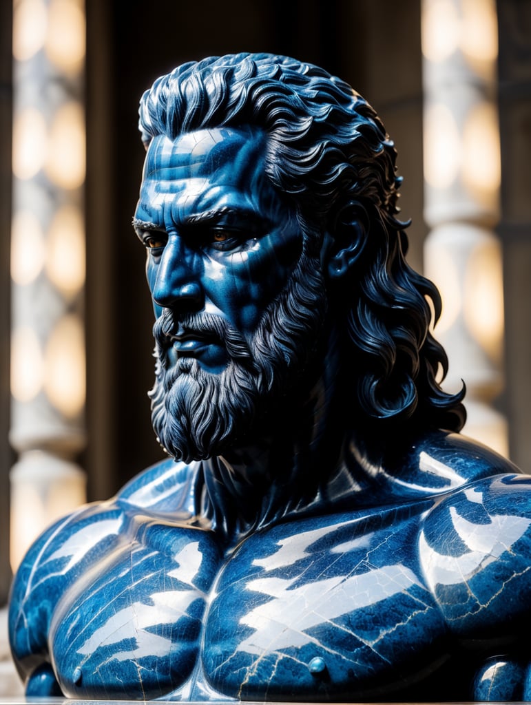 Translucent marble statue of a zeus, made from black matte stone, cracks are ultra blue translucent liquid