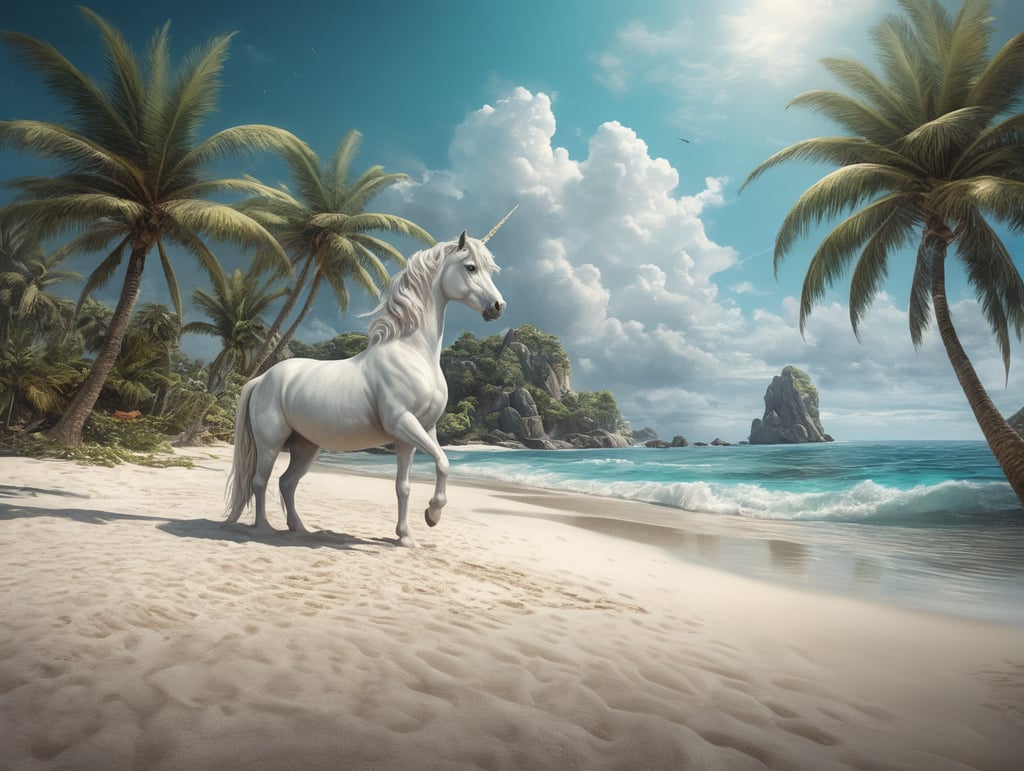 an idealyic white sand tropical beach with turquoise sea and a palm tree with a white unicorn and baby unicorn