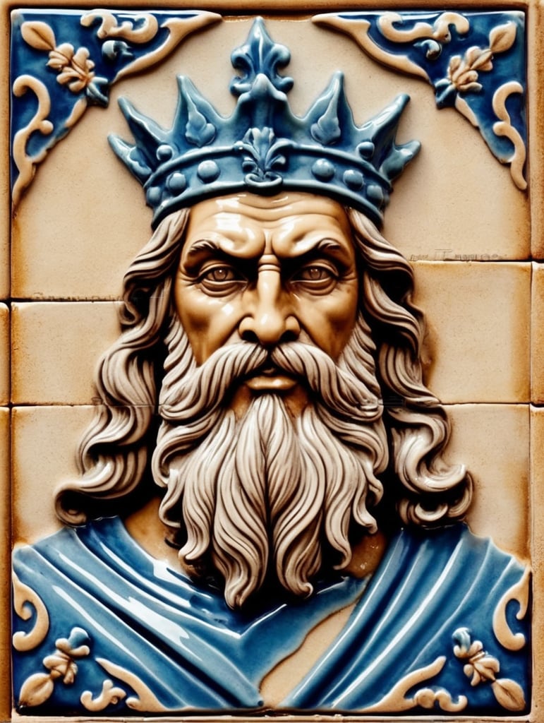 Square ceramic glazed tile with medieval art Poseidon head, Azulejo