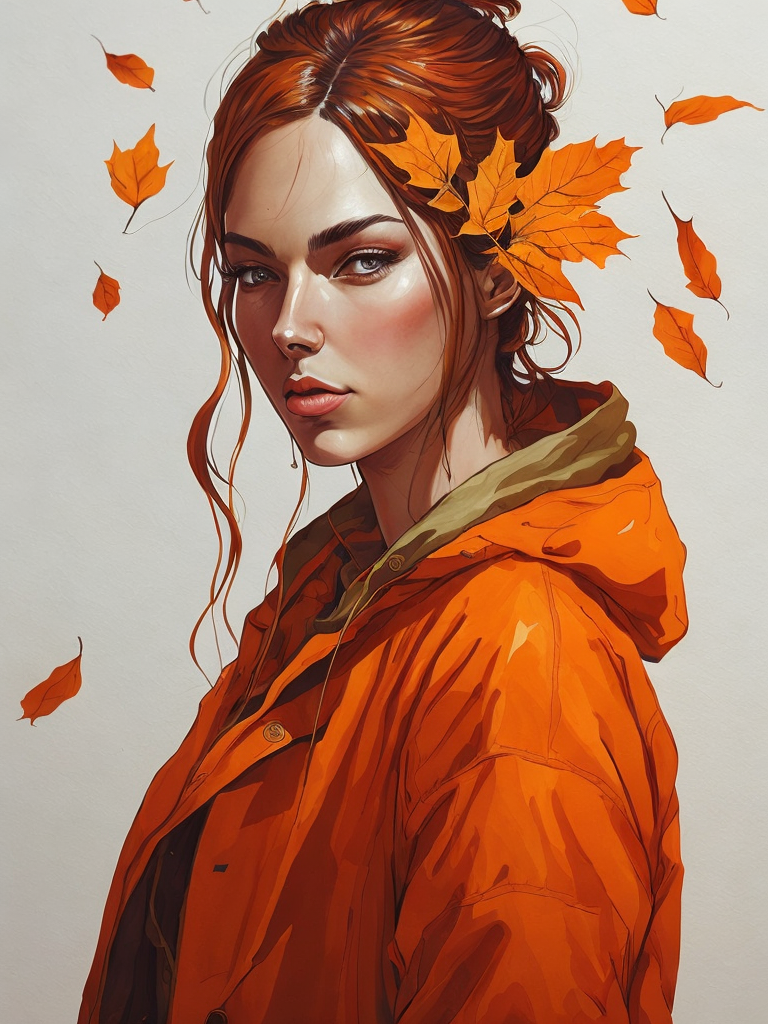 A beautiful full-height girl in an autumn attire. Around her, yellow fallen leaves are swirling, with plenty of sunlight. In the background, there are ripe red apples. Around her, flowers are in full bloom, it's morning. The girl is looking at her reflection in the lake.