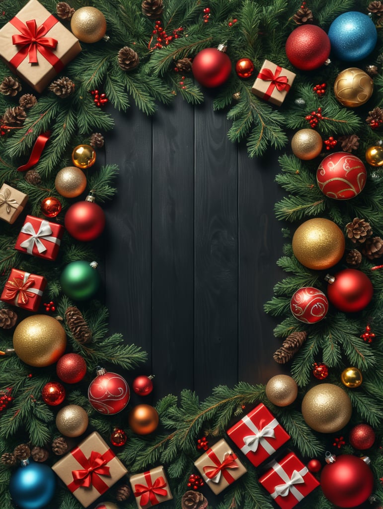 Christmas Illustration With Realistic Fir Branches. Also put Christmas-related balls,Gingerbreads and gift boxes elements on the design. Leave the middle part of the design big blank so I can write. top view