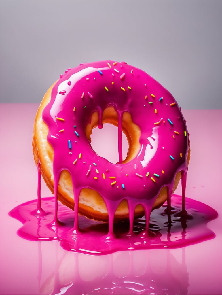 a painting of a donut, dripping in neon paint, surreal bright pinks, by Antoni Pitxot, neon paint drip, neon, dripping paint, melting and dripping. eerie, inspired by Nick Gentry, inspired by Roberto Parada